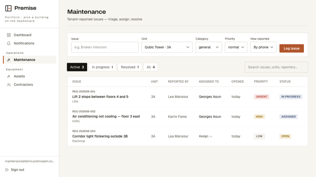 The queue — everything reported, with priority and status